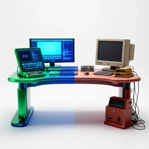 Split-screen showing a modern glowing editing workstation and a faded cluttered desk with outdated tools.
