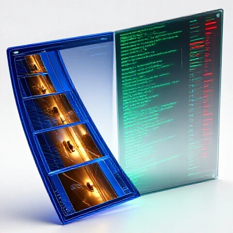 Split-screen 3D scene with a futuristic video editing timeline on one side and glowing code on the other, vibrant colors, bright background.