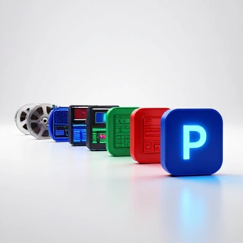 Timeline of vibrant video editing tools evolving to a glowing Premiere Pro icon in a bright, sleek studio.