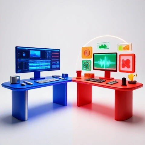Split-screen of two contrasting modern and creative video editing workspaces with vivid colors on a bright studio background.
