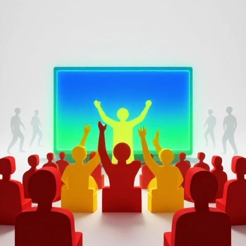 Dramatic scene of vibrant audience figures captivated by a glowing video screen, with several faded silhouettes slipping away at the edges.