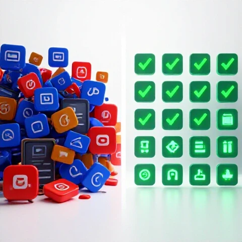 Split scene showing chaotic digital clutter on one side and organized, vibrant video icons on the other, divided by a central line.