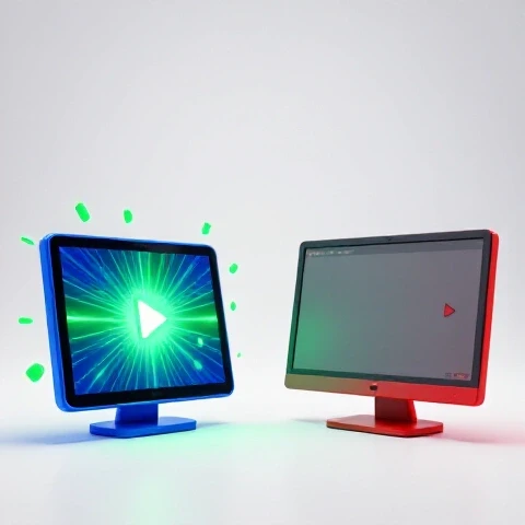 Dramatic split scene showing one vibrant, engaging video display and one dull, static video, set in a bright studio.
