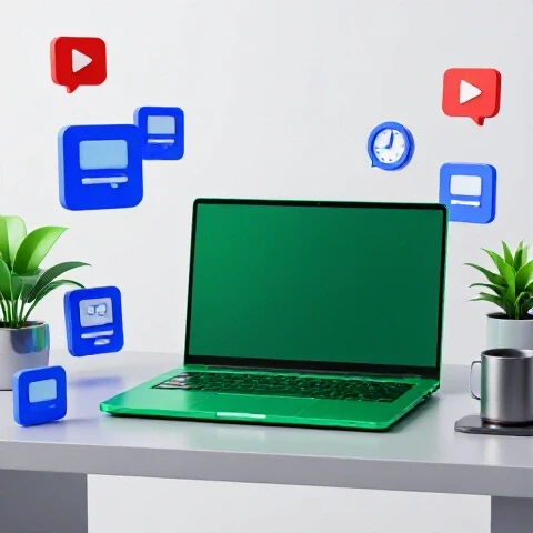 Organized creative workspace with bright laptop, editing icons, lush plants and background of swirling notifications and clocks symbolizing YouTube burnout balance.