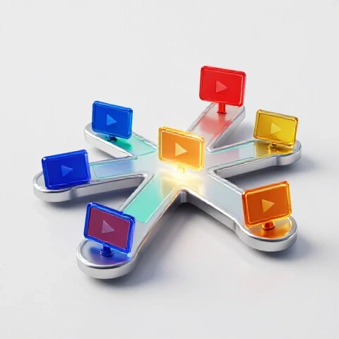 Dynamic crossroads with vibrant video thumbnails and one glowing highlighted path showing decisive focus.