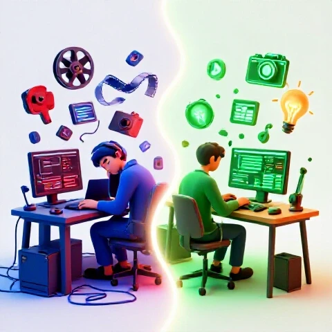 A split scene shows a chaotic, cluttered video workspace on one side and a vibrant, organized setup on the other, divided by a glowing boundary.