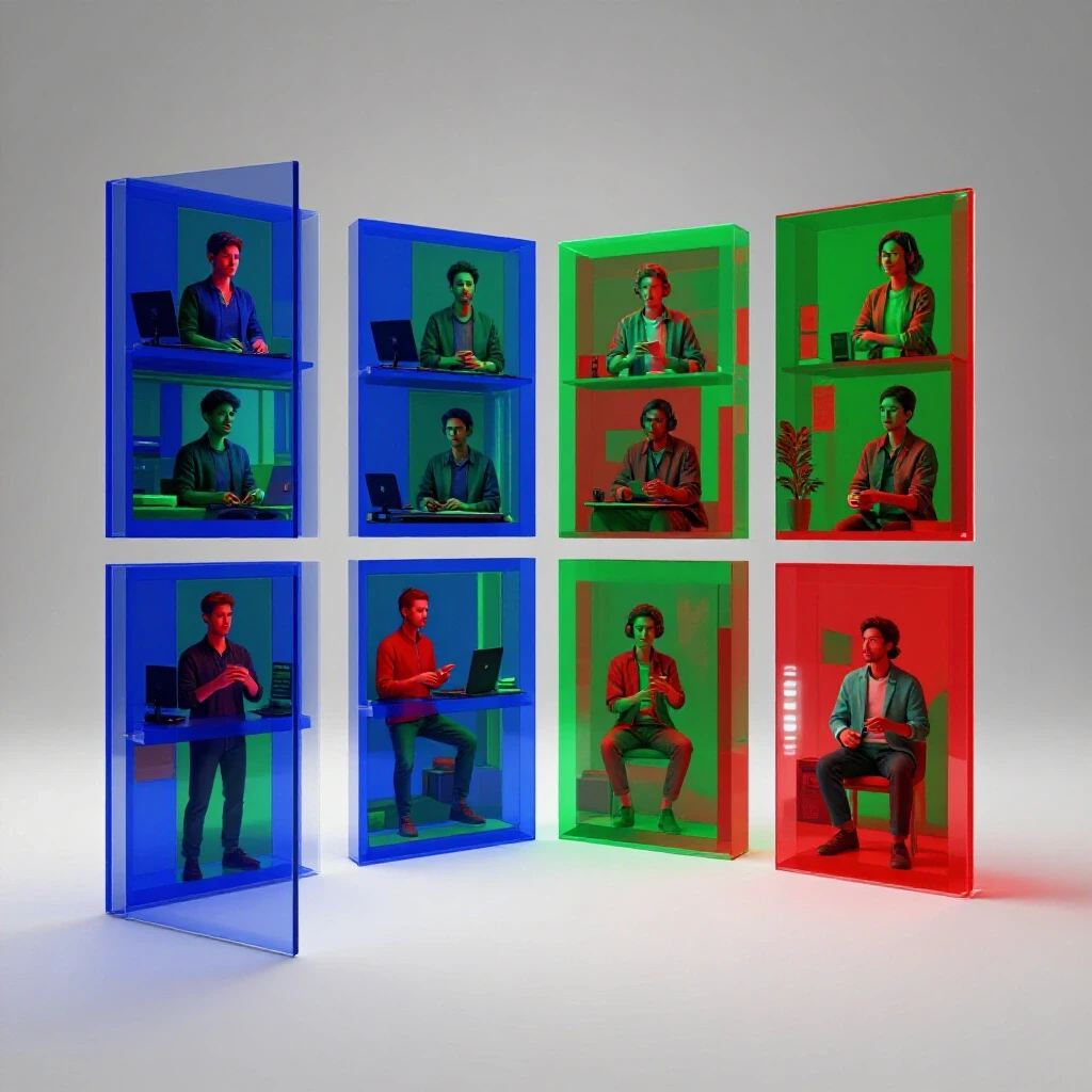 A vibrant live stream happening inside a transparent-walled virtual room, surrounded by a bright, clean background.