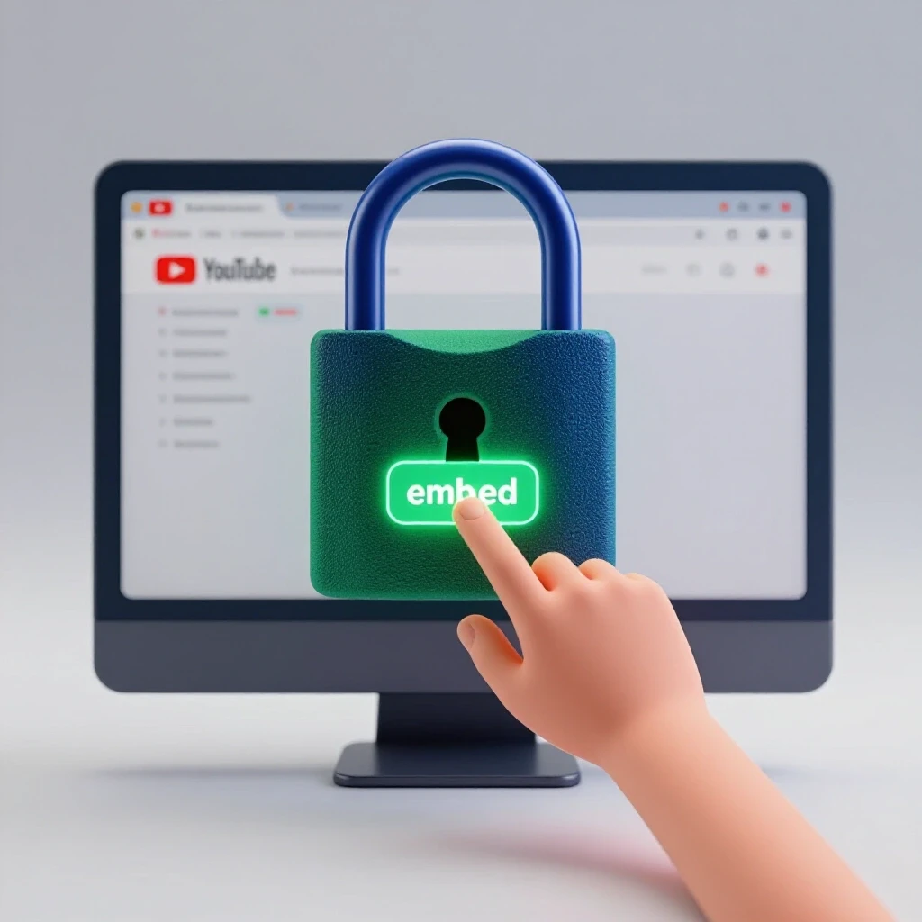 A locked padlock on a blurred YouTube interface with a hand reaching for a glowing embed button, portraying privacy vs. accessibility.