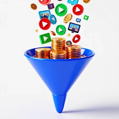 A vibrant funnel transforms digital video icons into stacks of shining coins on a bright white background.