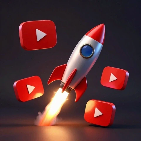 3D rocket bursting forward past static YouTube play buttons, dramatic lighting and bold color contrasts symbolize breakthrough product launch beyond conventional ads.