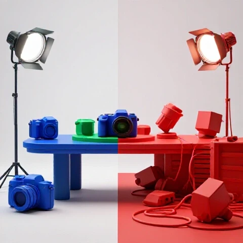 Split scene of a pristine studio gear setup beside a chaotic, cluttered filming arrangement with vivid colors.