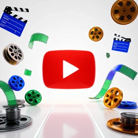 A vibrant YouTube play button amid scattered video elements with a clear path to a completed thumbnail