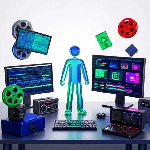 Overwhelming workspace with scattered digital tools and video elements symbolizing failed productivity systems for YouTube creators.