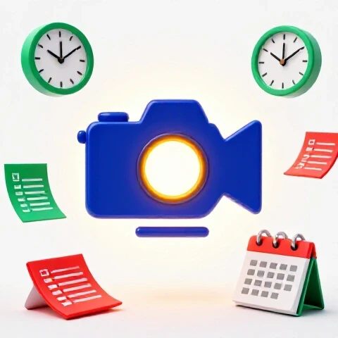 A glowing camera icon stands out among melting clocks and fading checklists on a bright studio background.