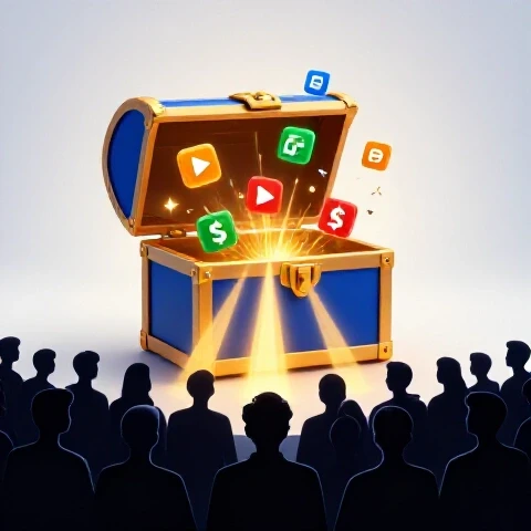 Glossy treasure chest overflowing with glowing product icons and radiant golden beams reaching a silhouette audience.