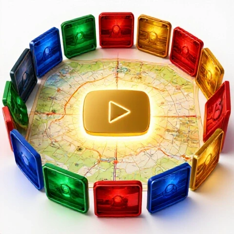 A glowing golden play button rests at the center of a treasure map, encircled by vivid video thumbnails on a bright white studio background.
