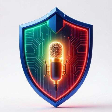 A glowing microphone encased in a dynamic energy shield with digital circuitry, centered on a luminous background.