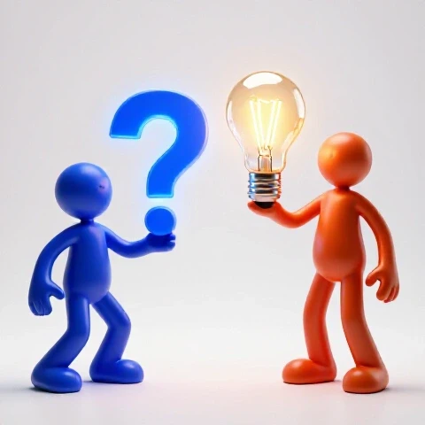 Two vibrant abstract figures in a white studio, one reaching for a glowing blue question mark, the other holding an amber light bulb, contrasted by dynamic lighting and color.