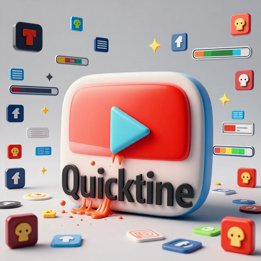 A YouTube play button being swallowed by a QuickTime logo against a chaotic digital landscape depicting upload issues.