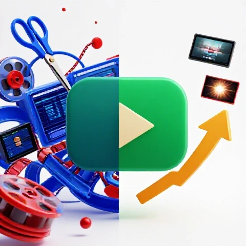 Split scene showing chaotic editing tools on one side and effortless YouTube uploading with a growth arrow on the other.