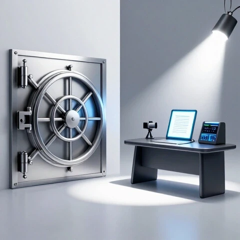3d split scene showing a locked vault contrasted with a spotlight on a glowing document and video creator gear, evoking unlocking secrets.