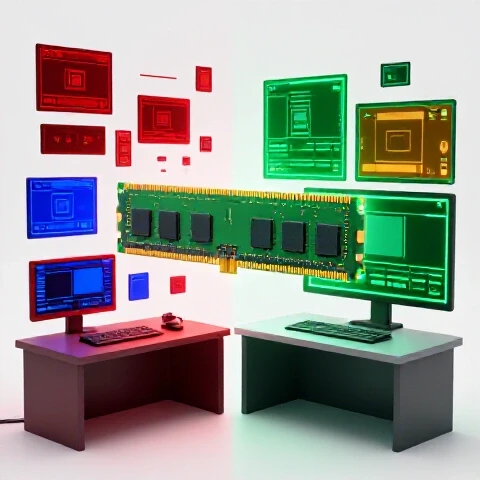 Split scene with chaotic, laggy video workspace on one side and smooth editing on the other, joined by a glowing RAM module.