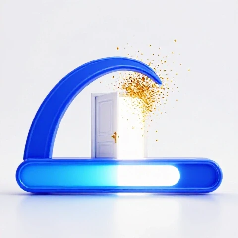A glowing blue progress bar ends in golden confetti and an illuminated door, symbolizing YouTube milestones.