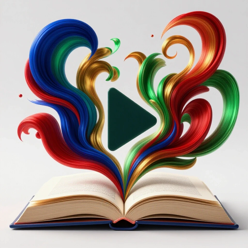 An open book releases vibrant colors that transform into a digital play button, symbolizing video content creation.