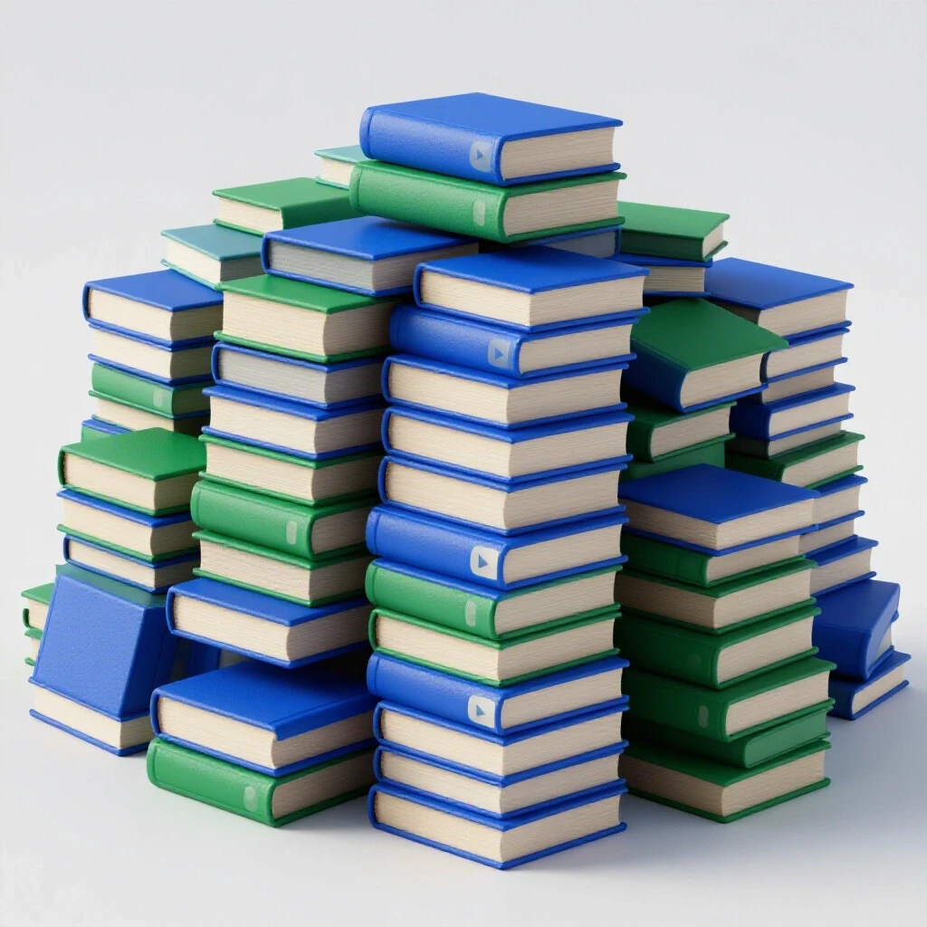A cozy pile of books with play buttons on the spines against a bright studio background, symbolizing the intersection of reading and video.