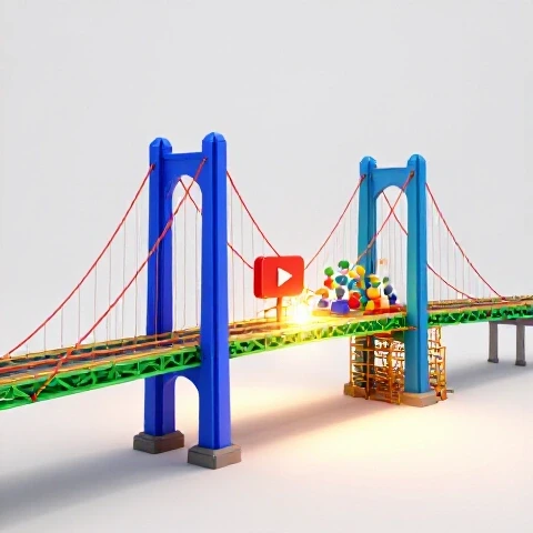 A vibrant bridge under construction connects a video icon to colorful audience symbols amid bright studio light.