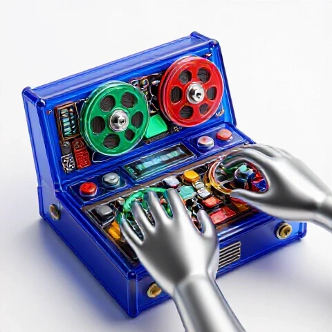A vibrant broken video machine with scattered parts being reassembled by mechanical hands on a bright white background.