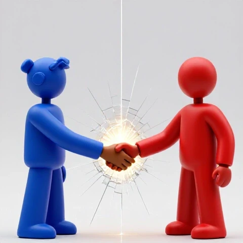 Two stylized creator figures reach across a cracked screen to shake hands, illuminated by a warm glow.
