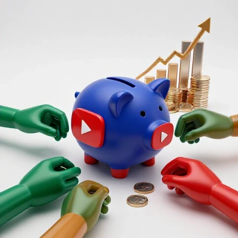 Broken piggy bank with YouTube play buttons spilling out, pieced together by diverse hands, rising coins and growth graphs in background.