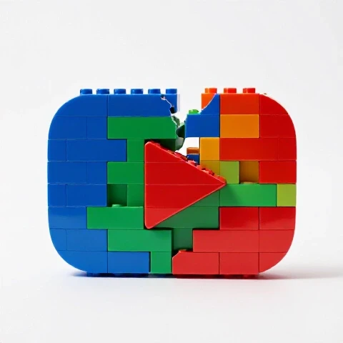 A vibrant, broken video play button being rebuilt with colorful building blocks in a bright studio scene