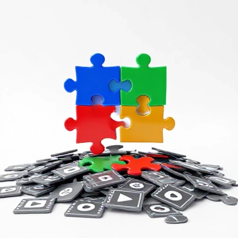 Vibrant puzzle-like video elements assemble above scattered monochrome video icons on a bright white background.