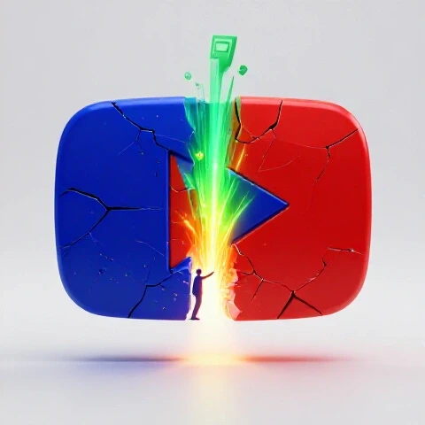 Lone figure stands at the edge of a shattered video play button, reaching for vibrant new icons emerging from ruins.