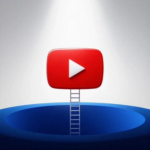 A dramatic scene of a glossy YouTube play button hovering above a dark pit with a metallic ladder rising toward it, set against a luminous white background.