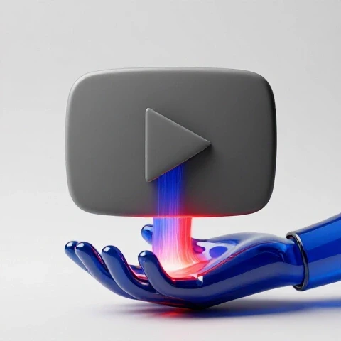 A wilted gray YouTube play button being revived by glowing energy from a vibrant light, with a bright studio background.
