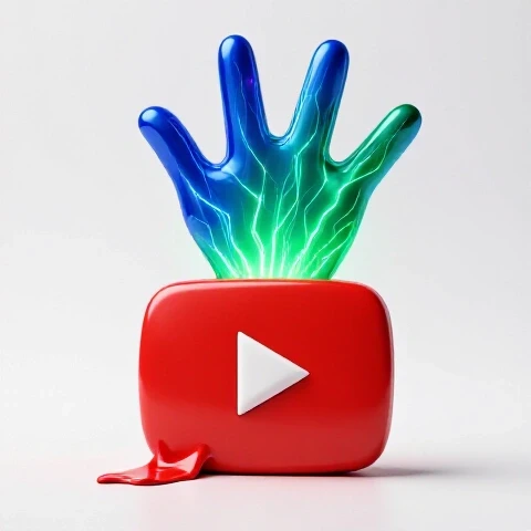 A wilted red YouTube play button being revived by a glowing blue and green energy spark on a bright background