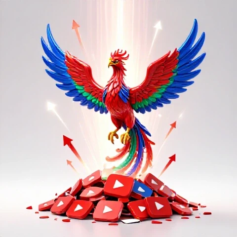 A bold phoenix rises from broken video play buttons with vivid upward arrows and glowing light beams.