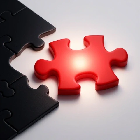 A glowing crimson puzzle piece fits back into a dark YouTube interface fragment under a bright spotlight.