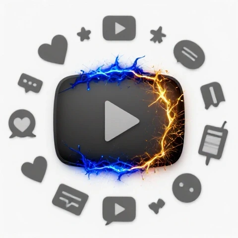 A vibrant energy spark revives a faded YouTube thumbnail amid dormant icons on a bright white background.