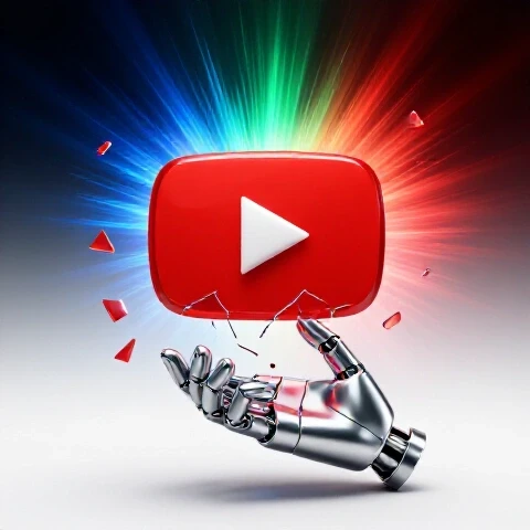 Glossy broken play button being carefully rebuilt by a chrome hand against a luminous backdrop with vibrant colors.
