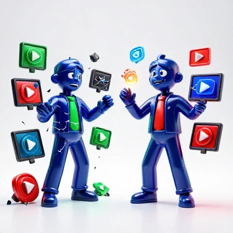 Split-screen showing a frustrated creator with broken video elements on one side and a confident creator rebuilding vibrant video thumbnails on the other, set on a bright white background.