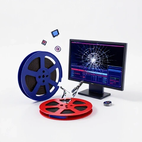 A vivid, broken film reel and shattered video screen being reconstructed by creator tools on a bright background.