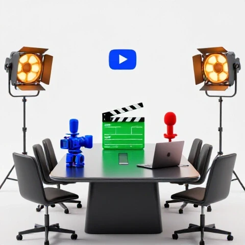 Five vivid video production tools on a bright studio table, with one out of sync, showing team misalignment.