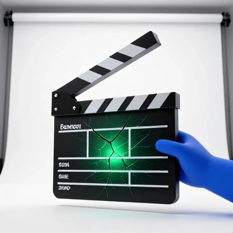 A cracked film clapperboard being lifted and repaired by a bold, stylized hand on a bright white background.