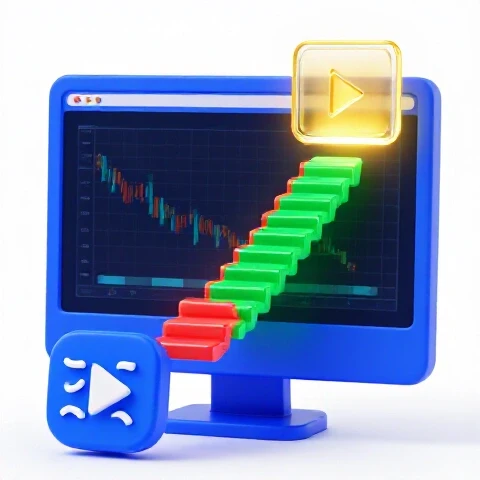 A deep blue screen with a dull video thumbnail and a bright staircase leading to a glowing thumbnail above.