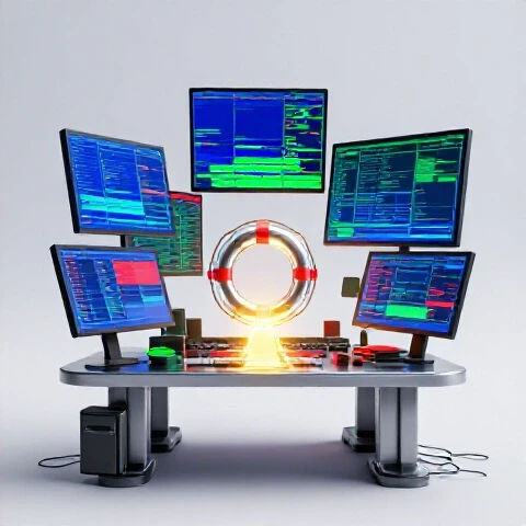 A chaotic digital editing scene with glitched screens and a glowing lifebuoy guiding the way to recovery.