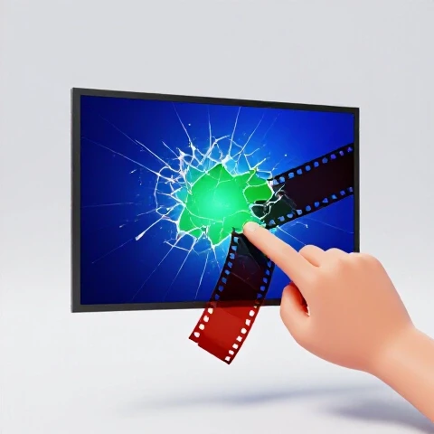 A shattered video screen and broken film strip being restored by a confident hand in a luminous studio setting.